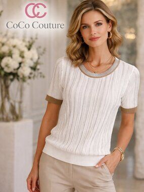 261638 White and Silver Shimmer and Taupe Top by FRANK LYMAN